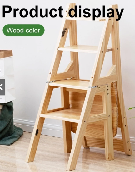 Solid Folding Step Ladder Chair Wooden Stool 2-in-1 Convertible Seat Multiuse Kitchen Helper Home