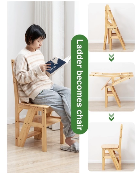 Solid Folding Step Ladder Chair Wooden Stool 2-in-1 Convertible Seat Multiuse Kitchen Helper Home