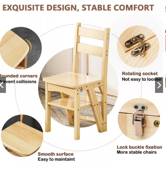 Solid Folding Step Ladder Chair Wooden Stool 2-in-1 Convertible Seat Multiuse Kitchen Helper Home