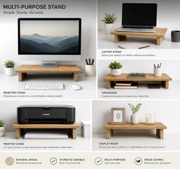 Multi-Purpose Wooden Monitor Stand | Desk Organizer | Laptop Riser | Display Shelf | Natural Wood
