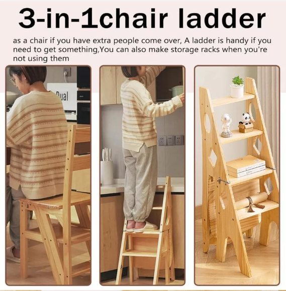Solid Folding Step Ladder Chair Wooden Stool 2-in-1 Convertible Seat Multiuse Kitchen Helper Home