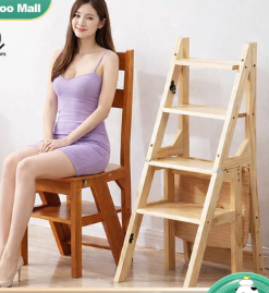 Solid Folding Step Ladder Chair Wooden Stool 2-in-1 Convertible Seat Multiuse Kitchen Helper Home